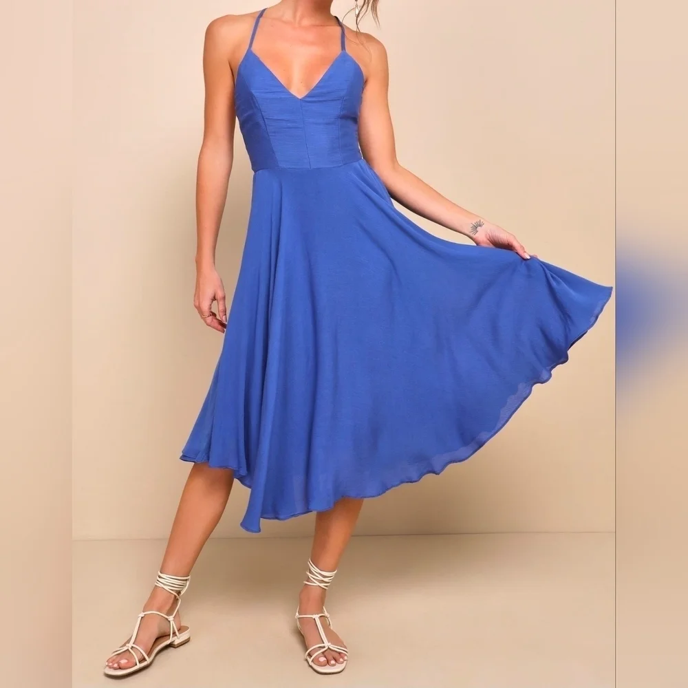 Lulus Troulos Royal Blue Lace-Up Midi Dress, Size XS